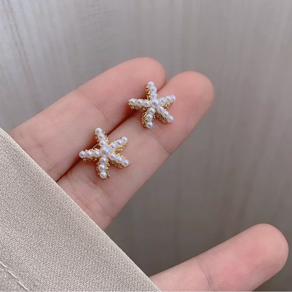 Starfish Pearl Stud Earrings 925 Sterling Silver 14k Gold Coated Coastal Jewelry
